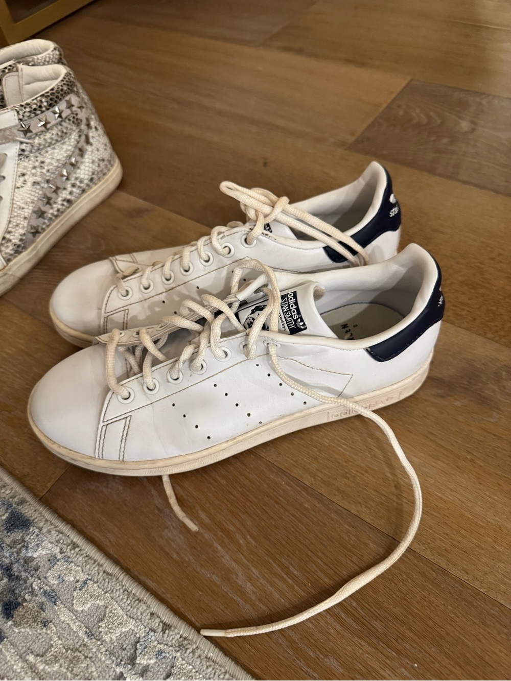 White and Navy Stan Smith Leather Sneakers